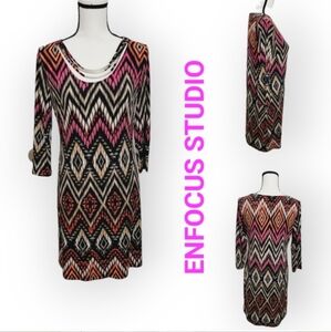 ENFOCUS STUDIO chevron print ¾ sleeves above knee dress